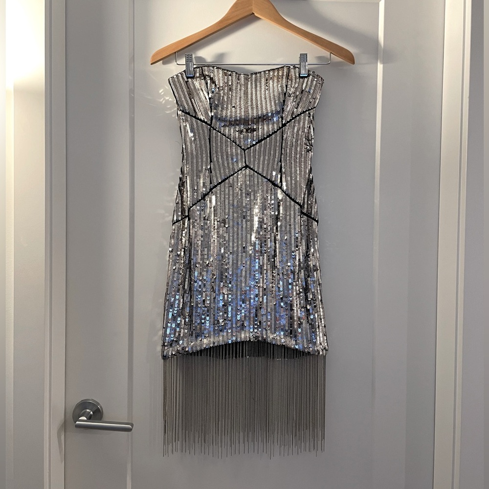 Bebe Sequins Strapless Dress With Metallic Fringe